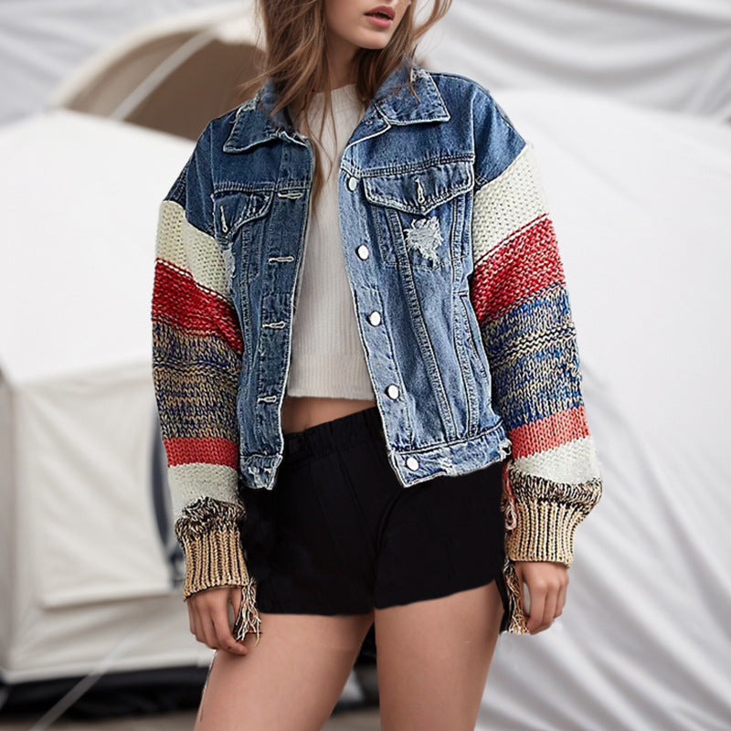 Spring Street Hipster Fan Color Contrast Patchwork Knitted Sleeve Design Denim Jacket Loose Jacket