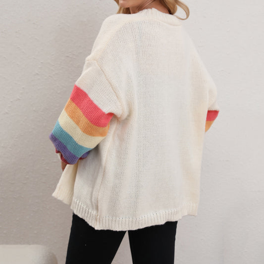 Women Wear Autumn Winter Solid Color Rainbow Stitching Loose Sweater Cardigan Knit Casual Coat Women Top