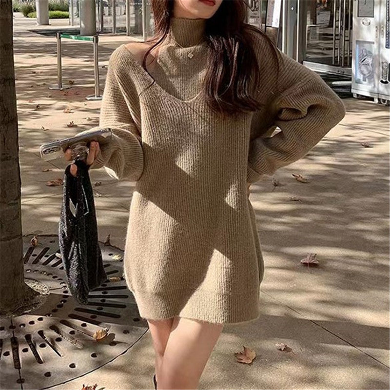 Wear Loose Lazy Mid Length off Shoulder Sweater Two Piece Sets Fall Winter Outer Wear Design Sweater