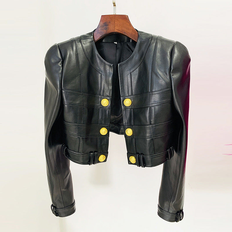 Star round Collar Lion Fastener Decoration Short Leather Jacket Coat