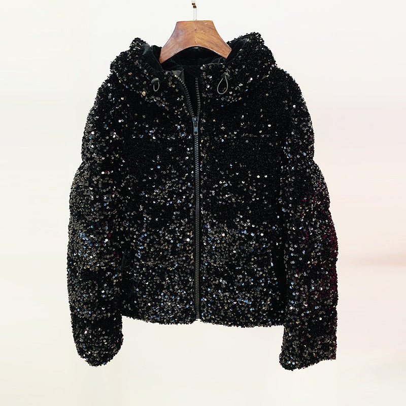 Chaqueta de plumón de pato blanco con lentejuelas y terciopelo ostentoso de Winter Star Bling