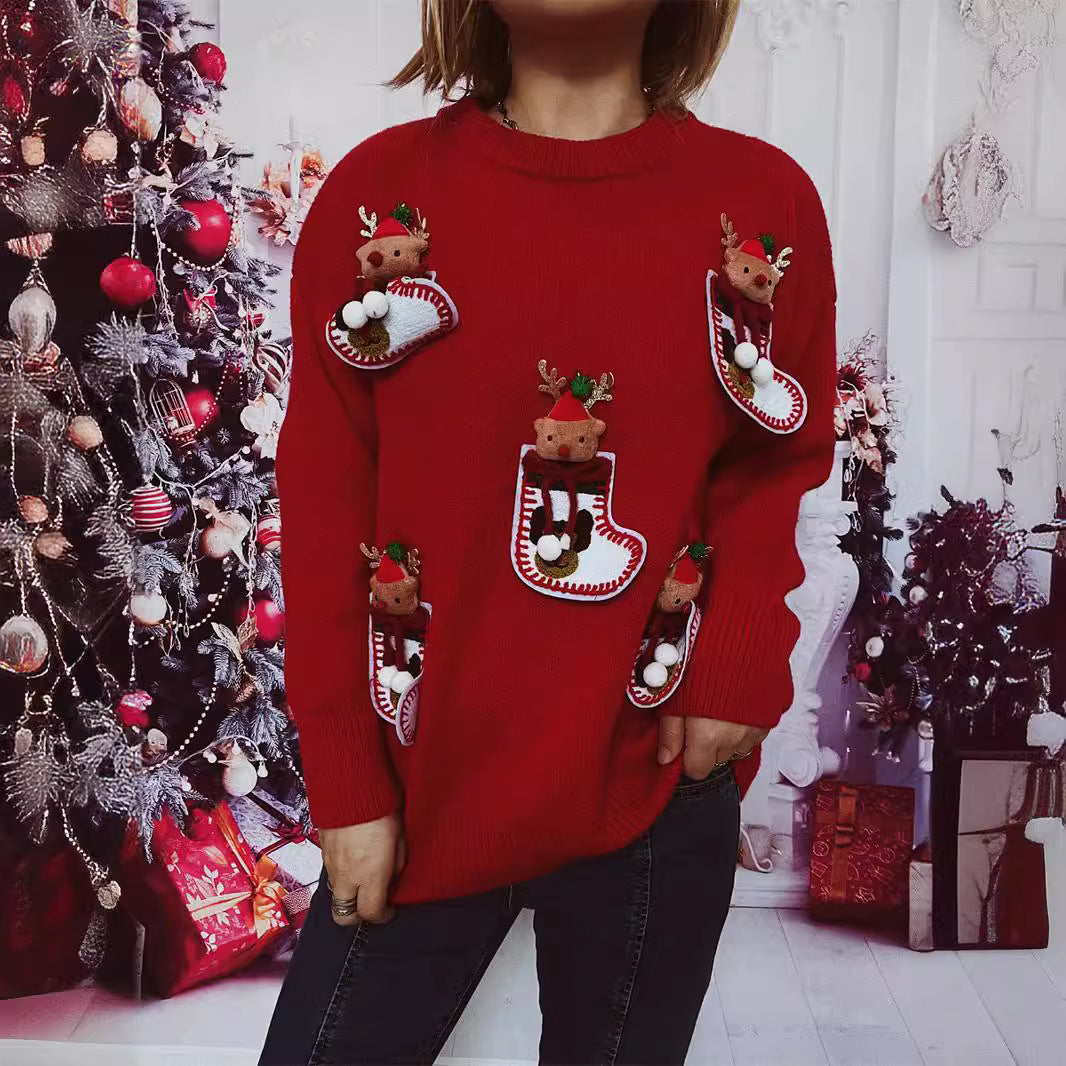 Autumn Winter Christmas Sweater Handmade Finish Christmas Stockings Elk Sweater Pullover Women