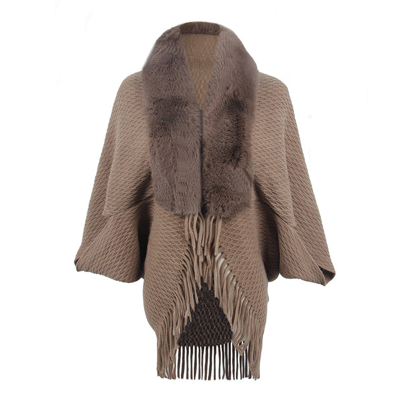 Wool Rain Fur Collar Knitted Tassel Cape Coat Women Autumn Winter Outdoor Shawl