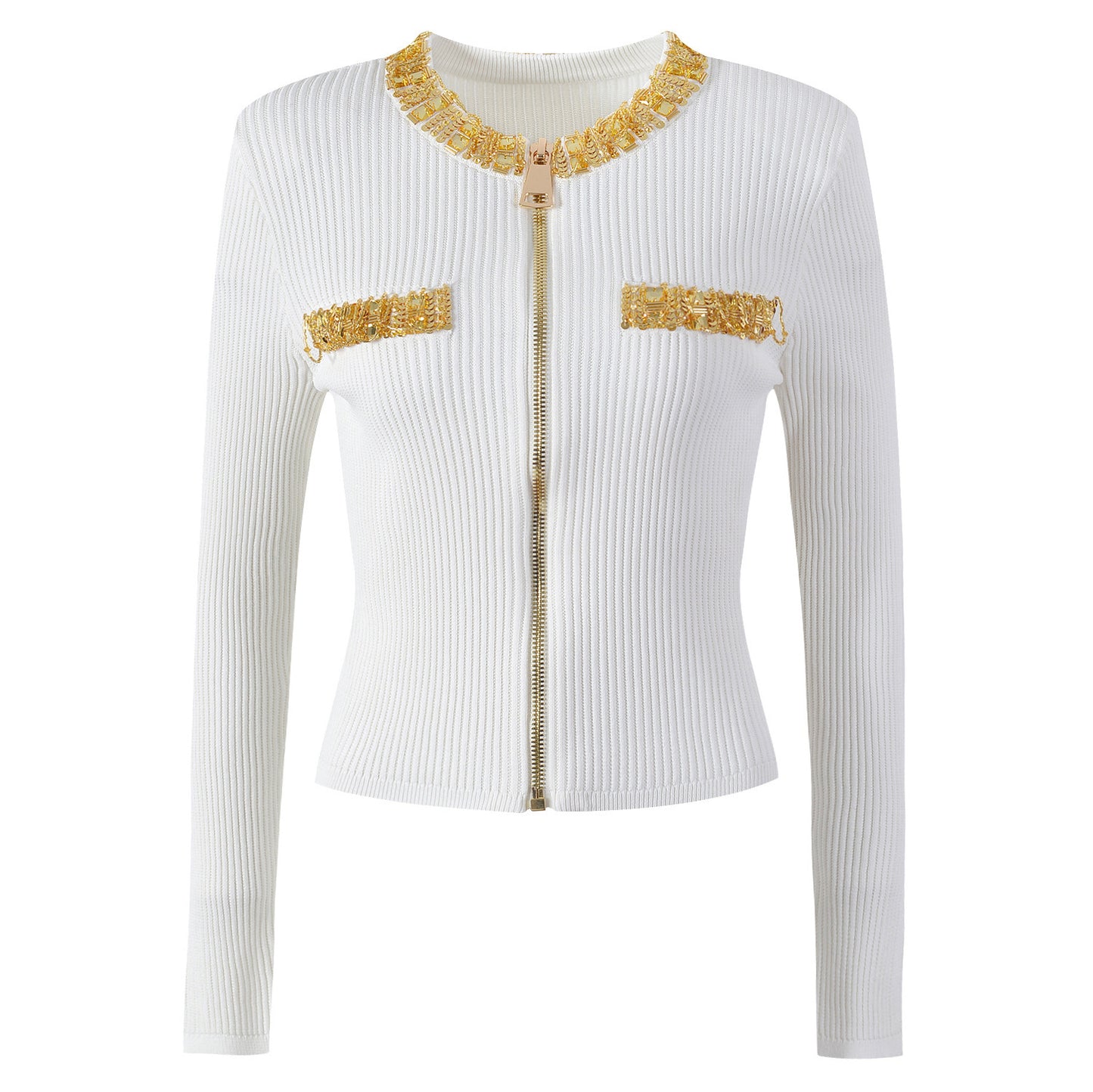 Primavera otoño mujer clásico Rhinestone tejido lana Tup Cardigan abrigo