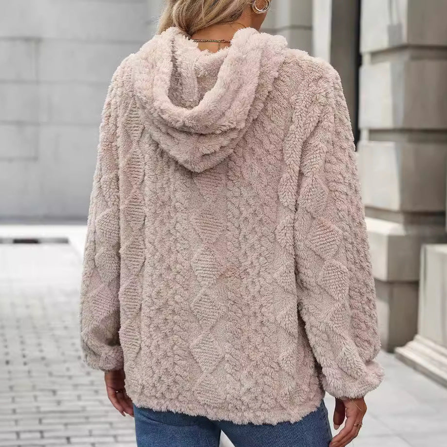 Suéter con capucha y manga larga holgado de tejido jacquard de felpa para mujer Otoño Invierno