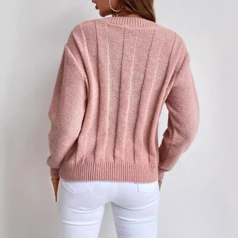 Pull col V femme automne hiver pull à manches longues haut tricoté ample