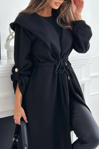 Tie Hooded Collared Women Casual Long Sleeve Autumn Winter Coat