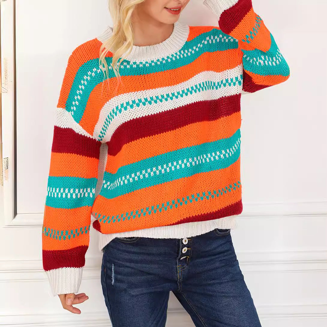 All Matching Retro Pullover Sweater Casual Autumn Winter Contrast Color Striped Round Neck Knitted Top