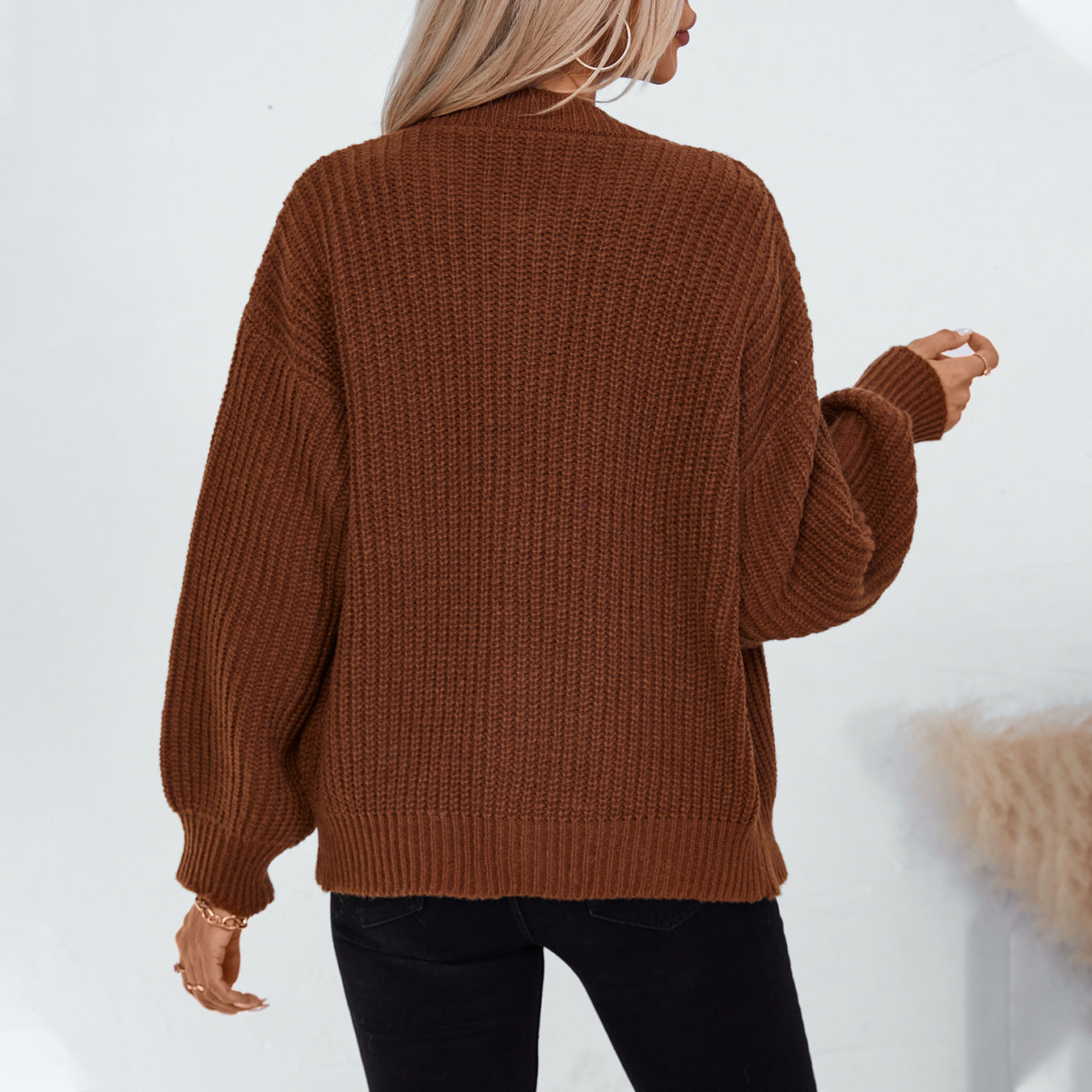 Autumn Winter Solid Color Single Breasted Knitted Cardigan Women Clothes Loose Fitting Long Sleeve Sweater Coat