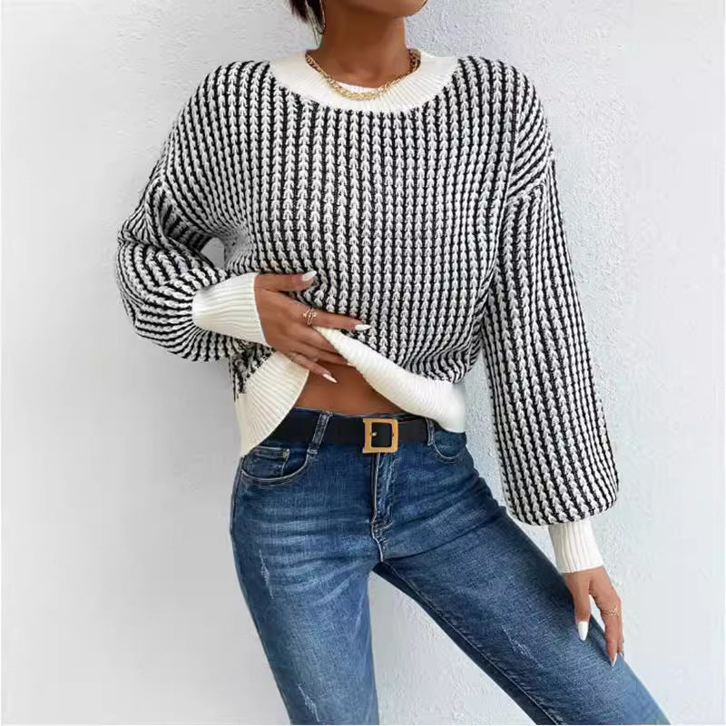 Spring Autumn Thread Pullover Crew Neck Sweater Women Twist Vertical Pattern Casual Knitted Top