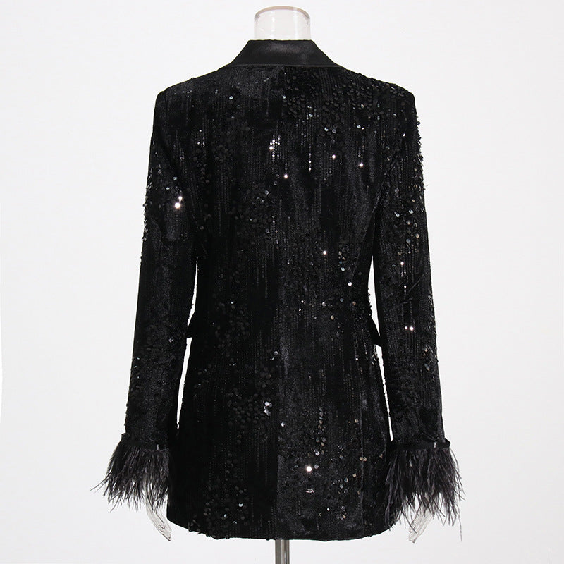 Automne Socialite abordable luxe paillettes Blazer coupe ajustée manchette fourrure couture petit Blazer