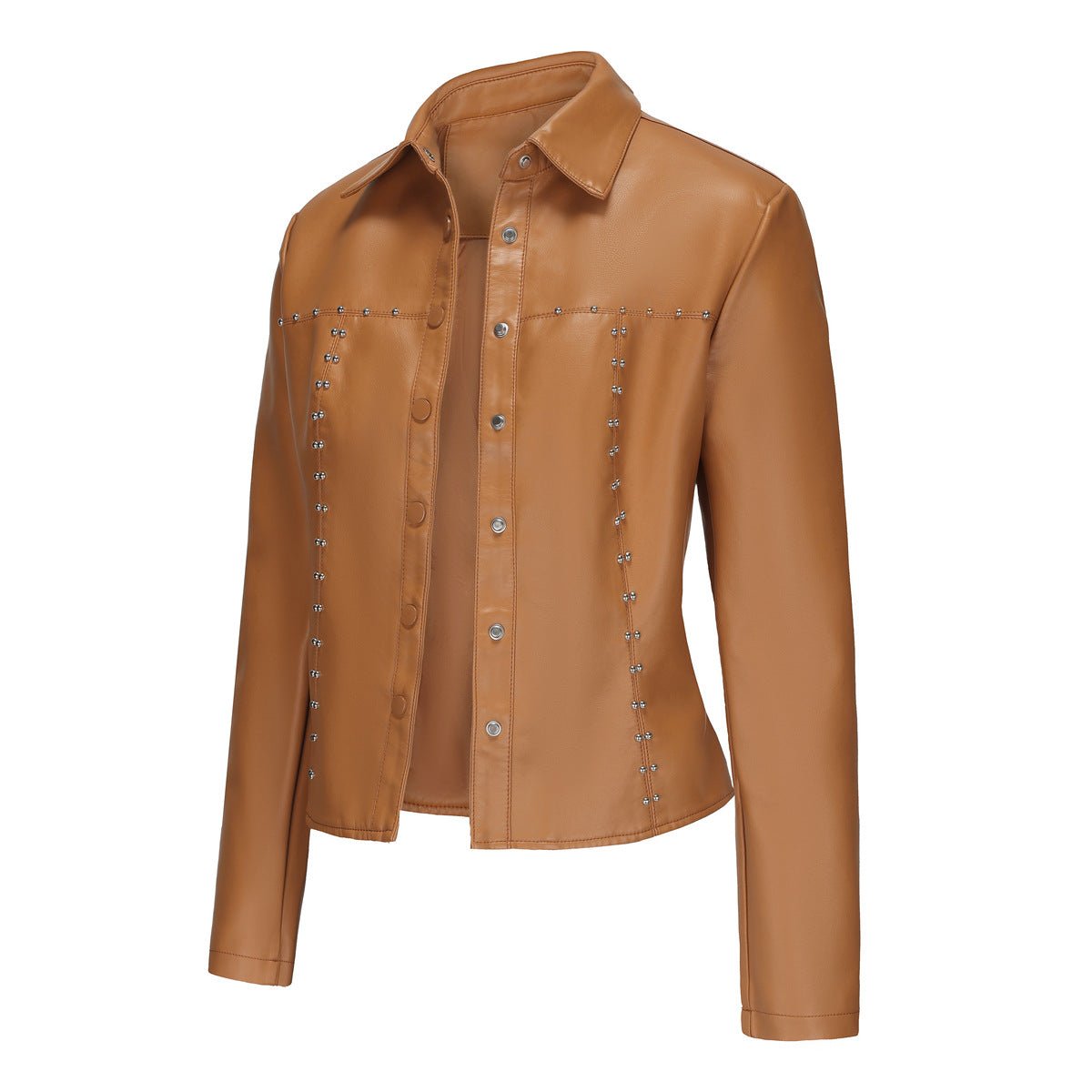 Printemps Automne Rivets Veste En Cuir Cardigan Bouton Vêtements En Cuir Populaire Manteau Mince Vêtements Pour Femmes