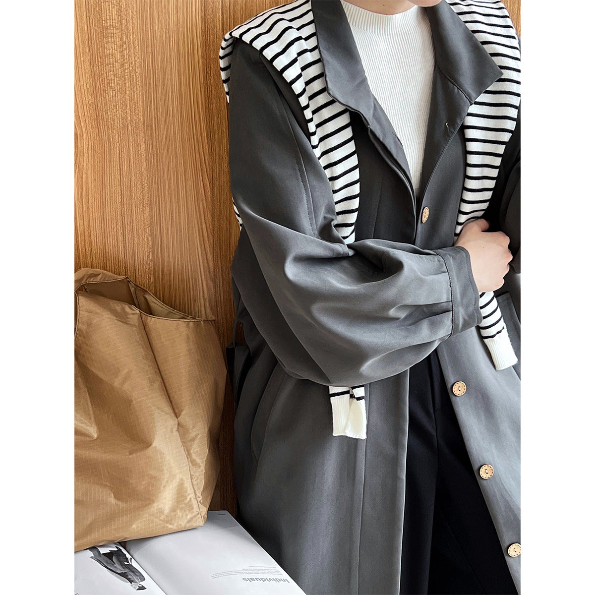 Autumn Clothing Korean Stand Up Collar Puff Sleeve Trench Coat Women Mid Length Waist Controlled Lace Up Overcoat