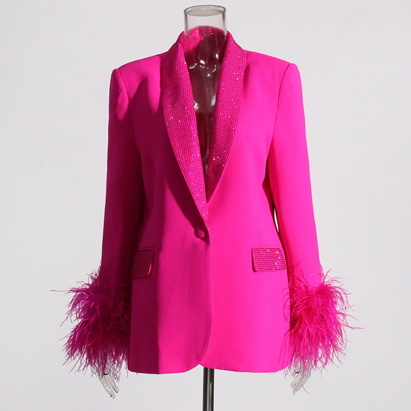 Autumn Fashionable Blazer Women Classic Stitching Ostrich Feather Light Diamond Decorative Blazer