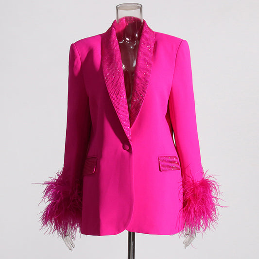 Blazer de moda de otoño para mujer, chaqueta decorativa clásica con costuras de plumas de avestruz y diamantes ligeros