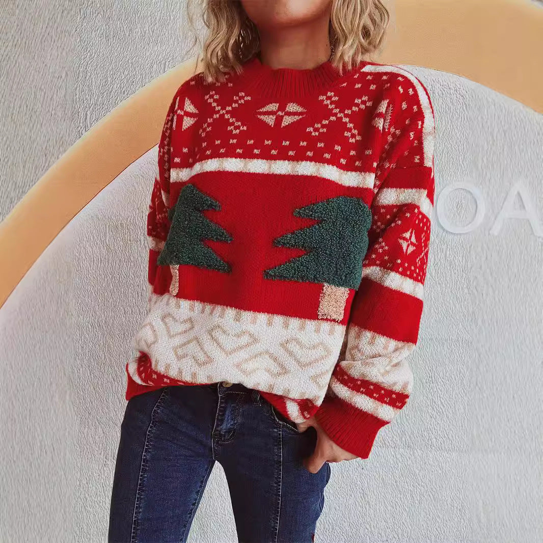 Christmas Sweater Women Casual round Neck Knitted Christmas Tree Cartoon Jacquard Holiday Year Sweater