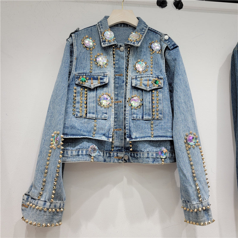 Autumn Heavy Industry Rhinestone Beaded Slimming All Matching Short Denim Coat Women