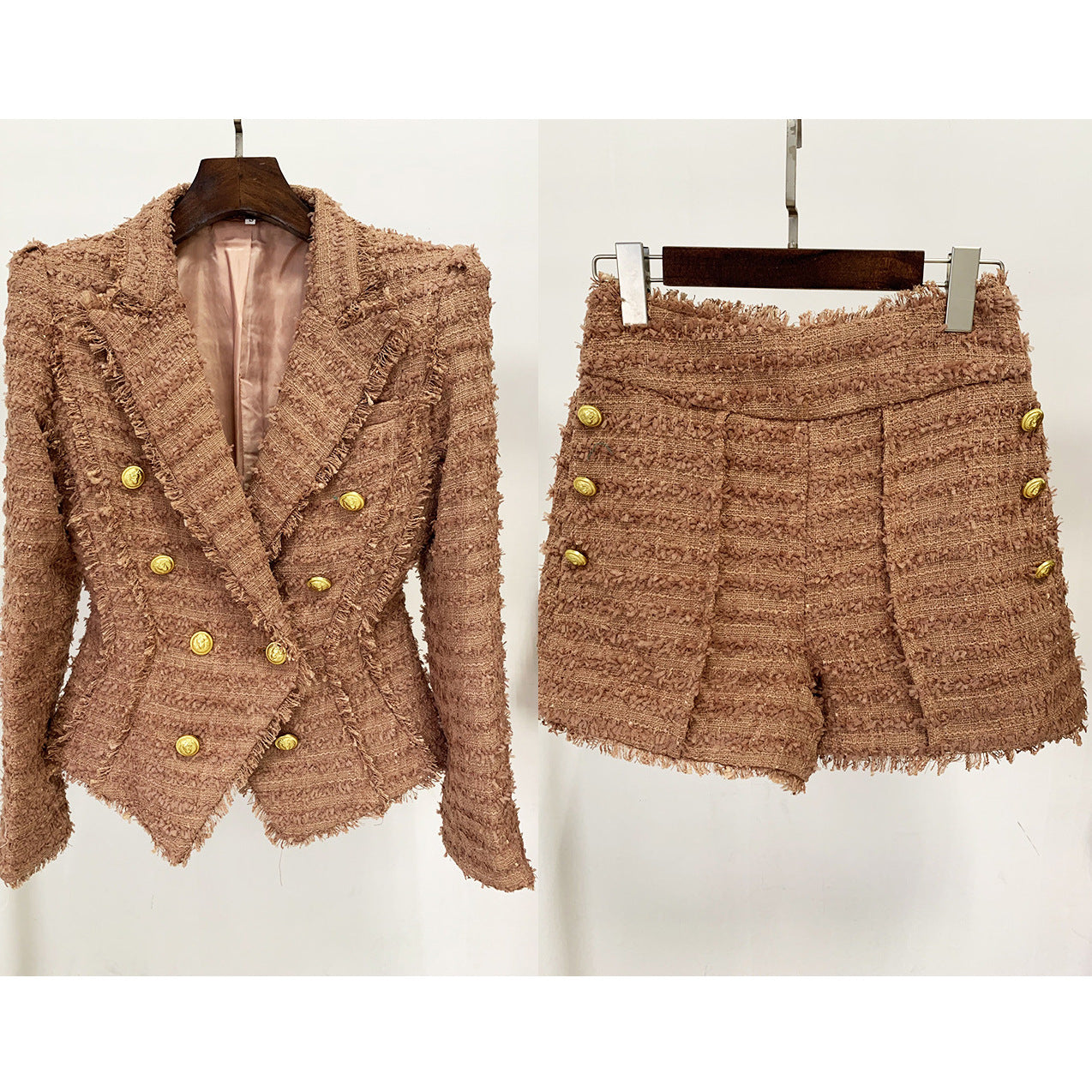 Conjunto de blazer ajustado de tweed con flecos y borlas de estrellas para otoño e invierno