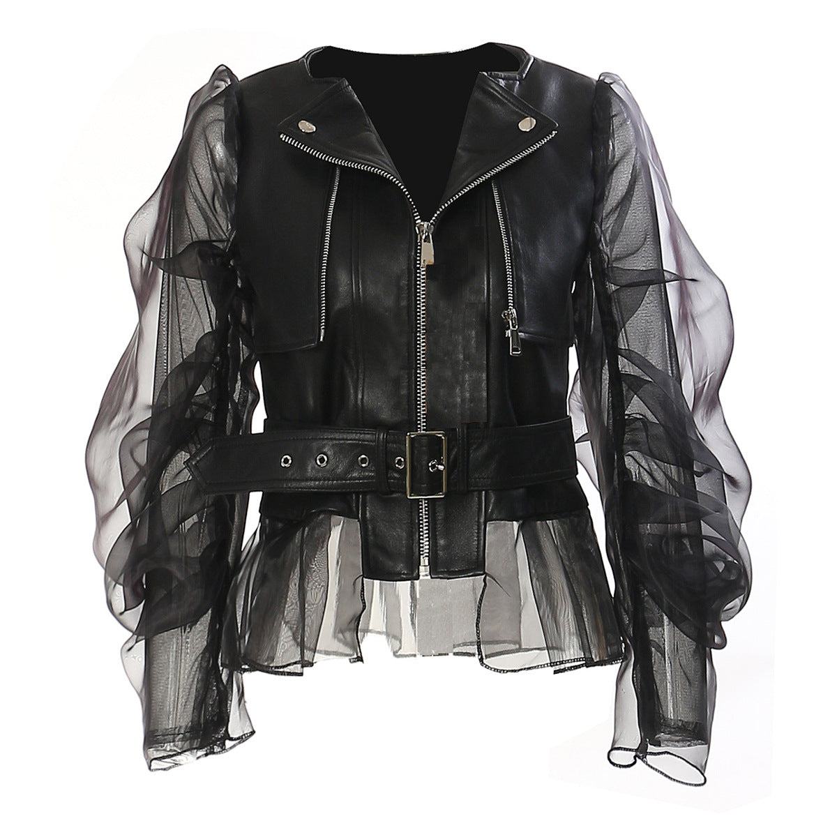 Manteau en cuir Transparent en maille avec coutures dominatrices, veste de moto pour femmes