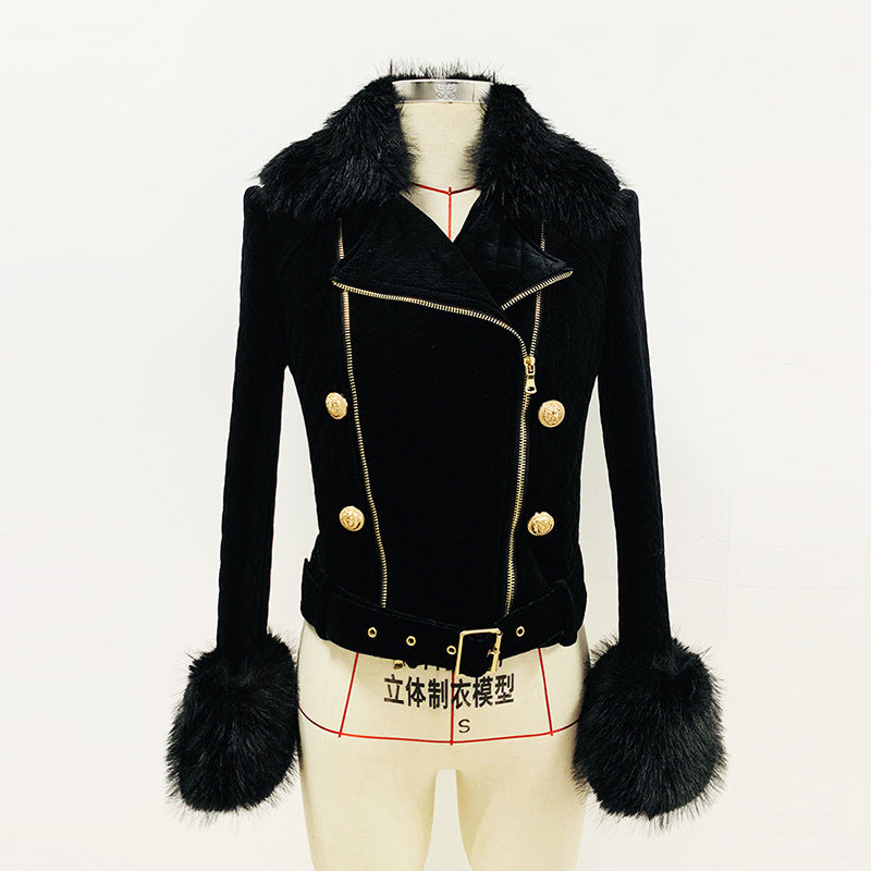 Goods Autumn Winter Detachable Simulation Fox Fur Collar Cotton Gold Velvet Double Zipper Motorcycle Jacket