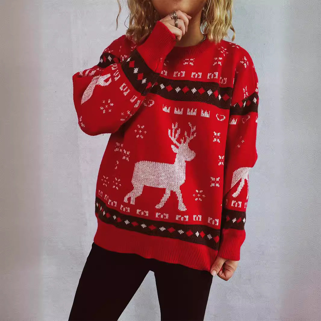 Arrival Autumn Winter Cartoon Elk Brocade Sweater Christmas Sweater round Neck Pullover Sweater