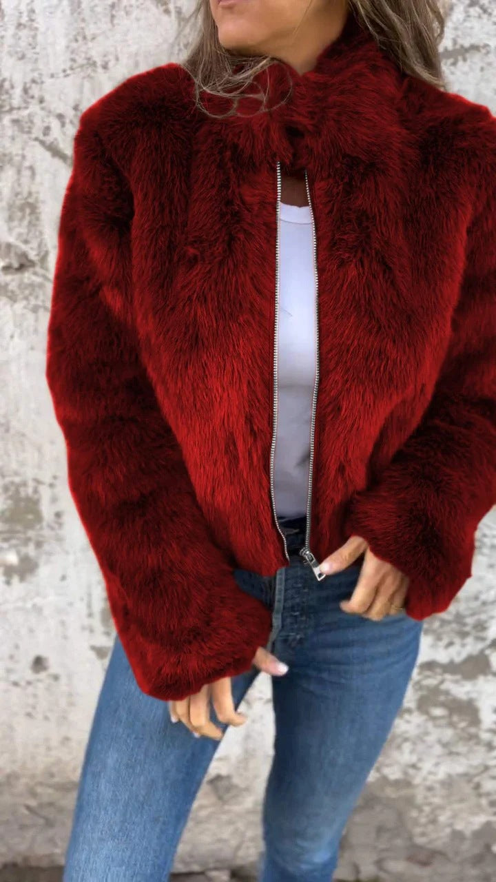 Women Clothing Women Autumn Winter Faux Fur Turtleneck Zipper Casual Top Coat