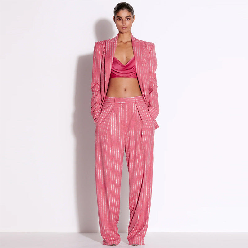 Star Socialite Loose Rhinestone Blazer Trousers Suit Two Piece Suit