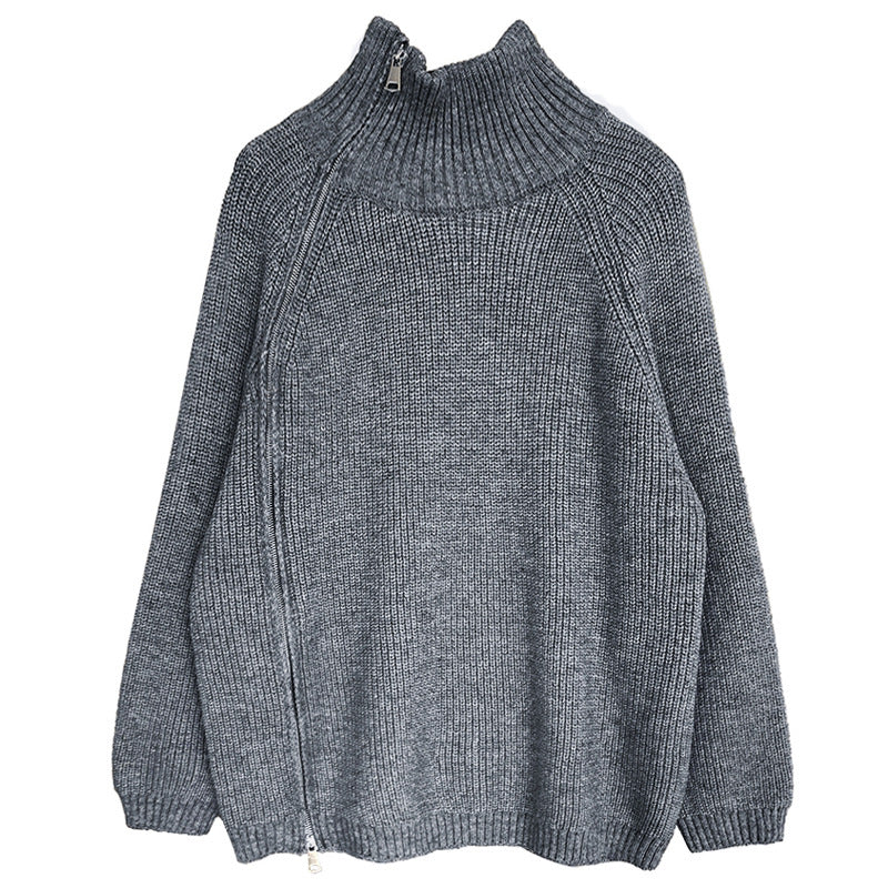 Pull à col roulé avec fermeture éclair Oblique à Double tête pour femme, vêtement décontracté, paresseux, automne et hiver