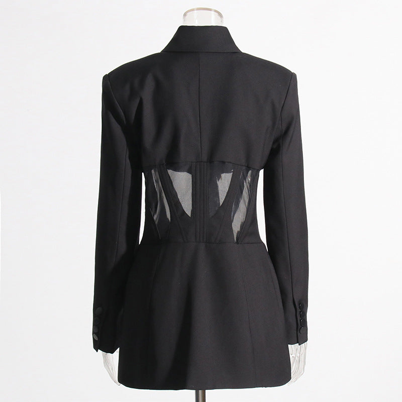 Automne désossage Corset taille maille couture voir à travers la conception Blazer mi-long Blazers