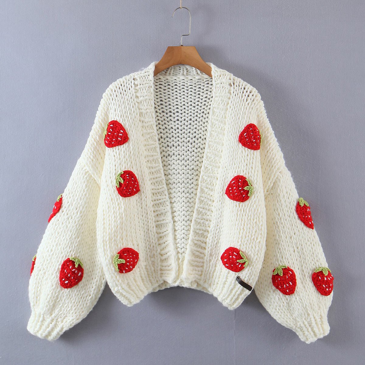 Pull fraise tridimensionnel bicolore fait à la main, Cardigan de couleur contrastée, automne