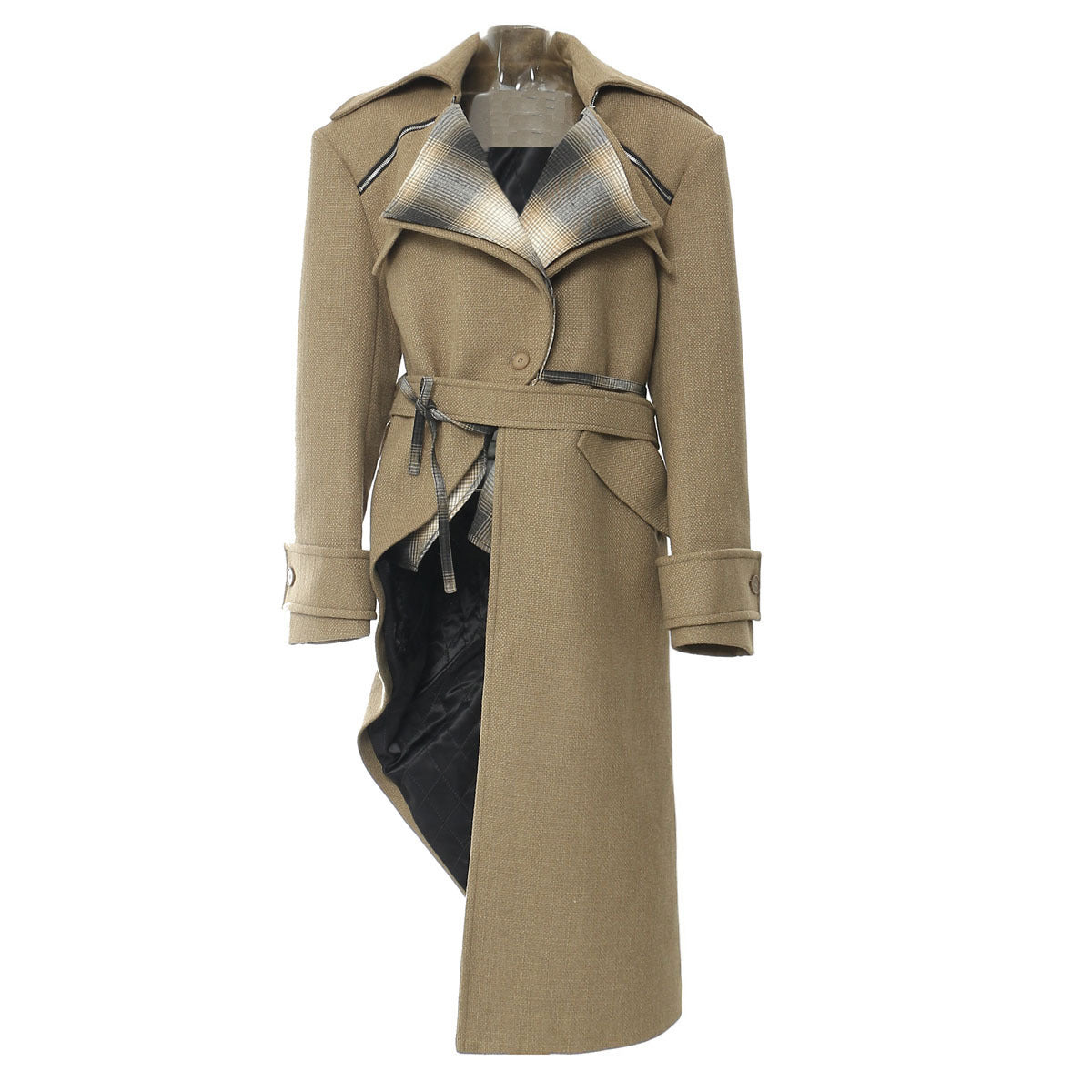 Spring Woolen Irregular Asymmetric Cutting Stitching Detachable Coat Trench Coat