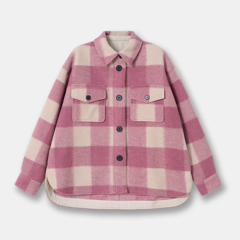 Wool Plaid Short Coat Shirt Collar Women's Loose Top Woolen Coat For Men And Women