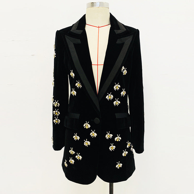 Otoño Invierno Estrella Slim Bee Exquisito Rhinestone Con Cuentas Terciopelo Blazer