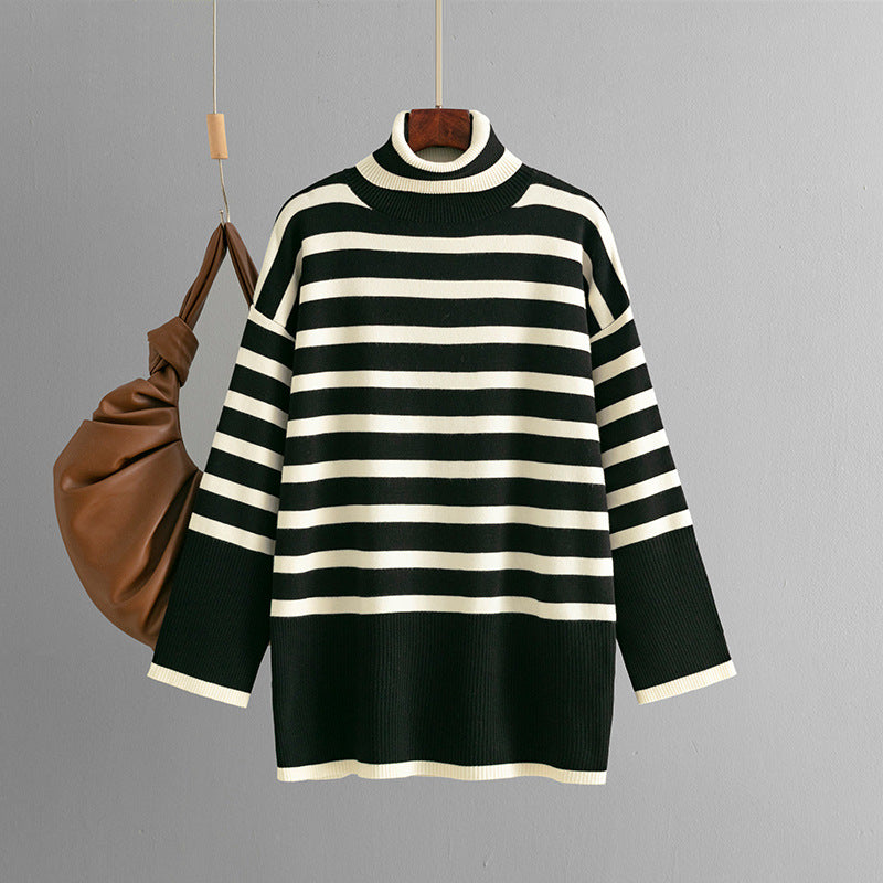 Striped Turtleneck Sweater Women Autumn Winter Loose Design Sweater Pullover Top