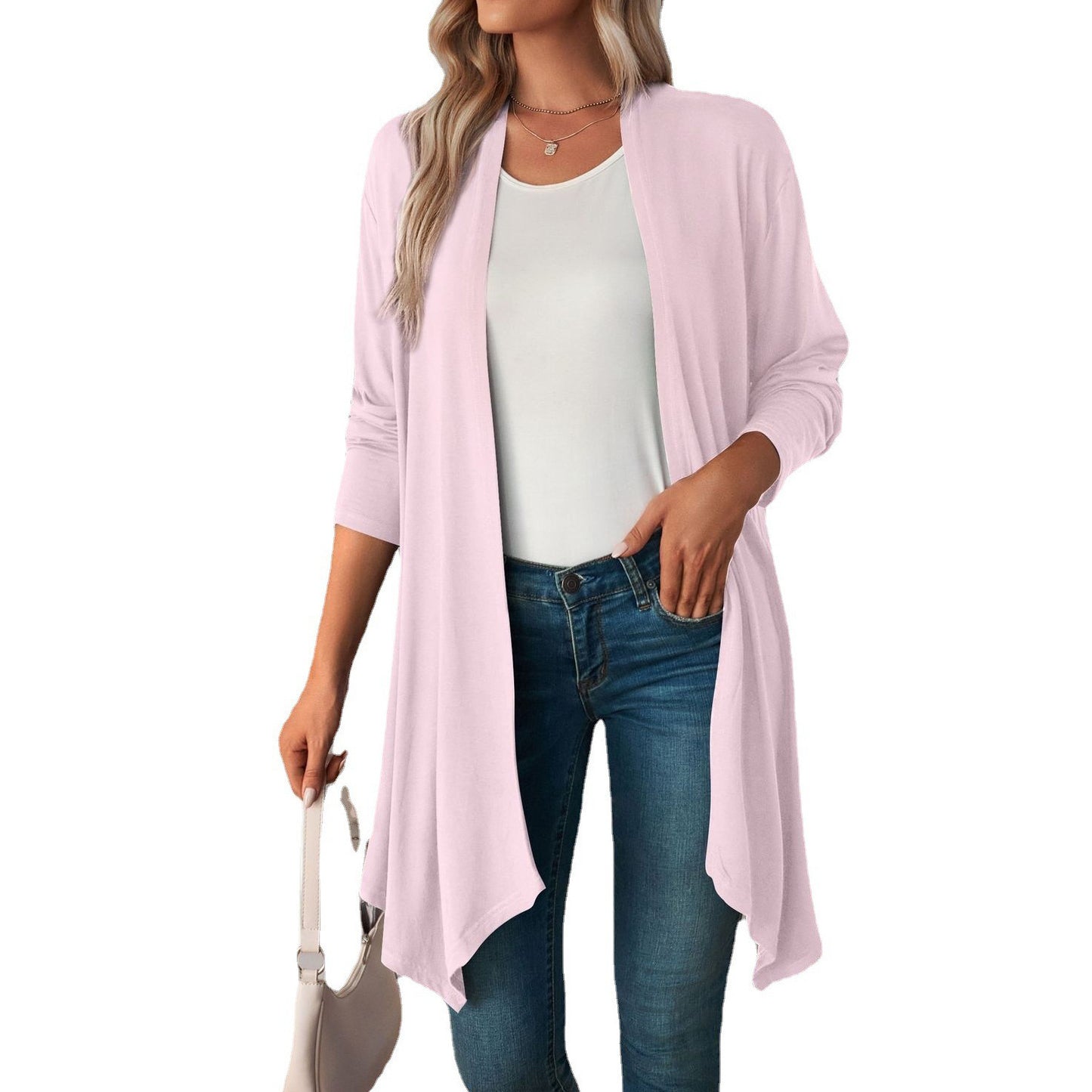 Cardigan Long à manches longues pour femme, vêtements d'automne, couleur unie