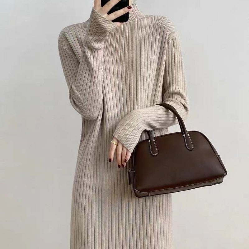 Autumn Winter Mock Neck Sweater Women Mid Length below the Knee Coat Base Ride Tassel Dress Swing Knitted Dress