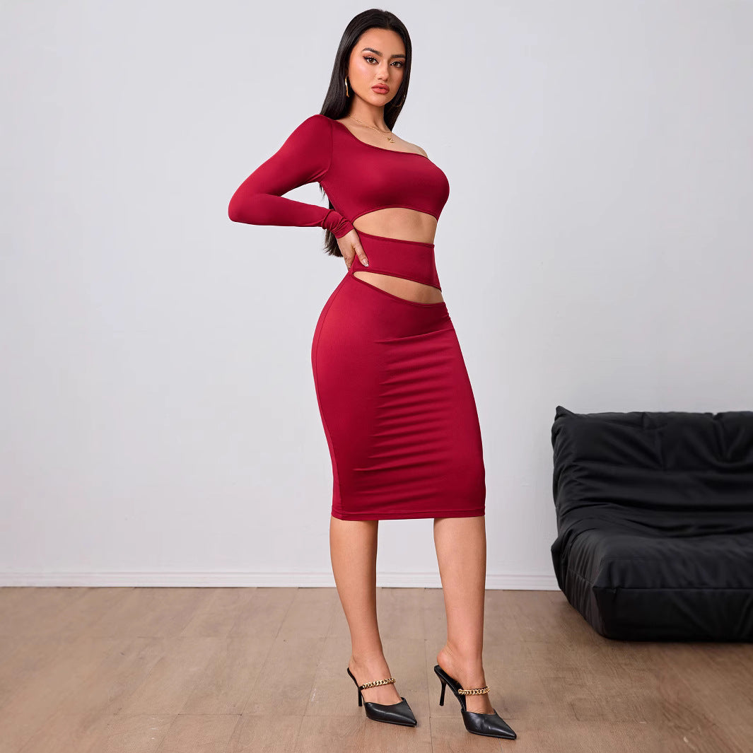 Robe de soirée rouge vin pour femme, tenue d'automne et d'hiver à manches simples