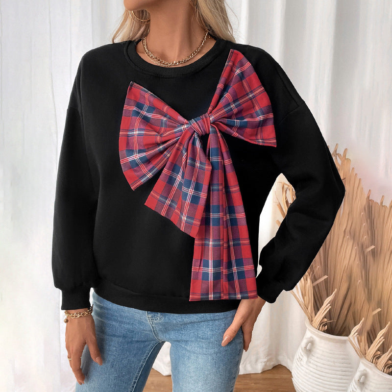 Bow Top Fall Women Clothing round Neck Plaid Patchwork Sweater