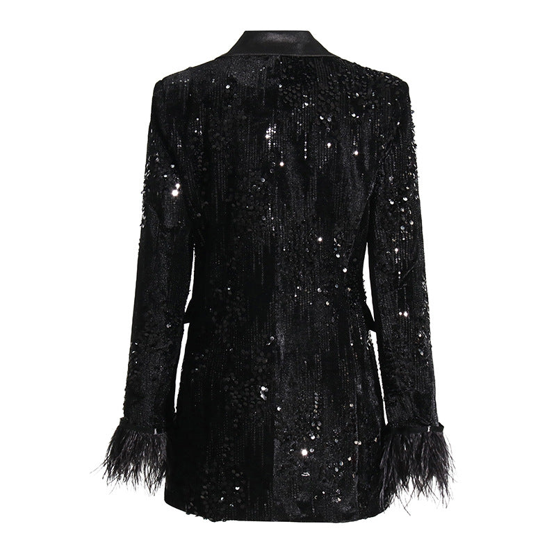 Automne Socialite abordable luxe paillettes Blazer coupe ajustée manchette fourrure couture petit Blazer