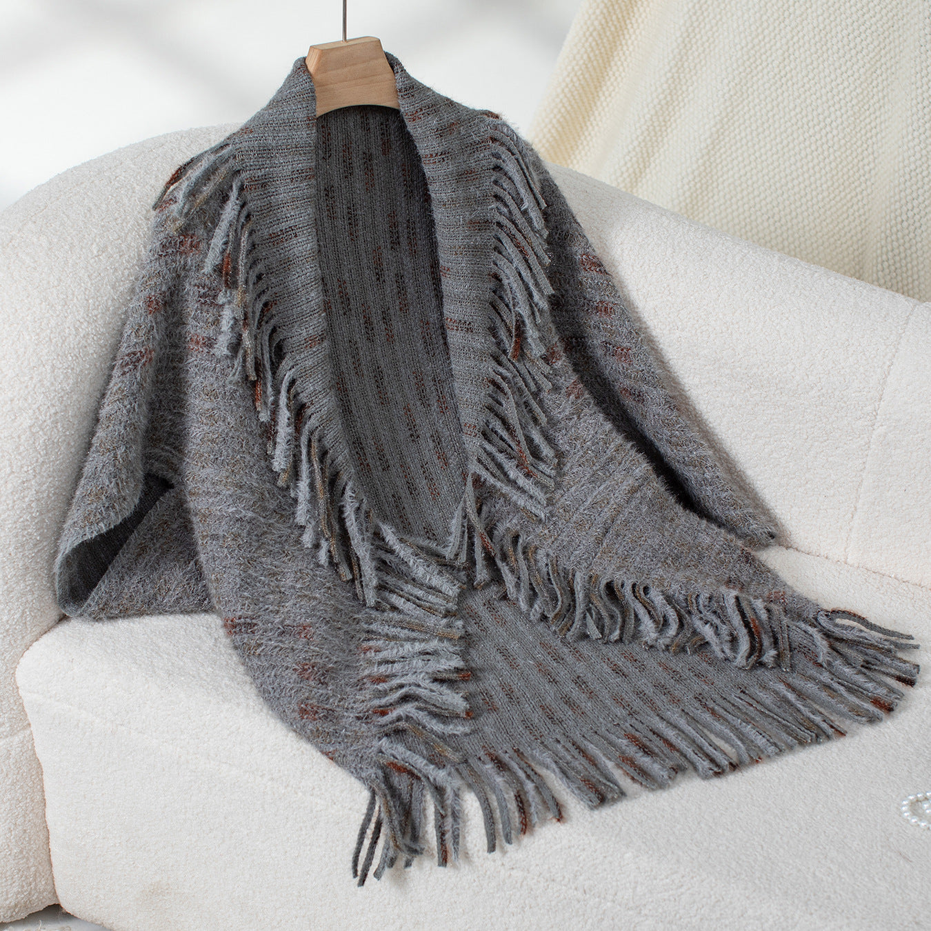 Colored Plaid Knitted Tassel Shawl for Women Autumn Winter Casual Loose Sweater Cape