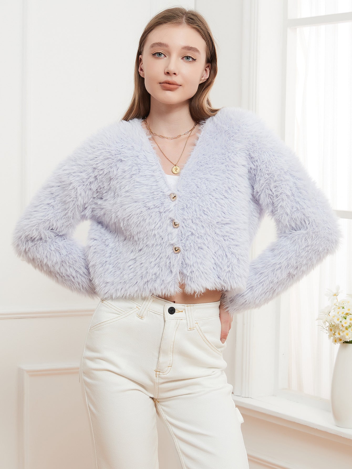 Cardigan à col en V en tricot pour femme, manteau court, pull doux et décontracté