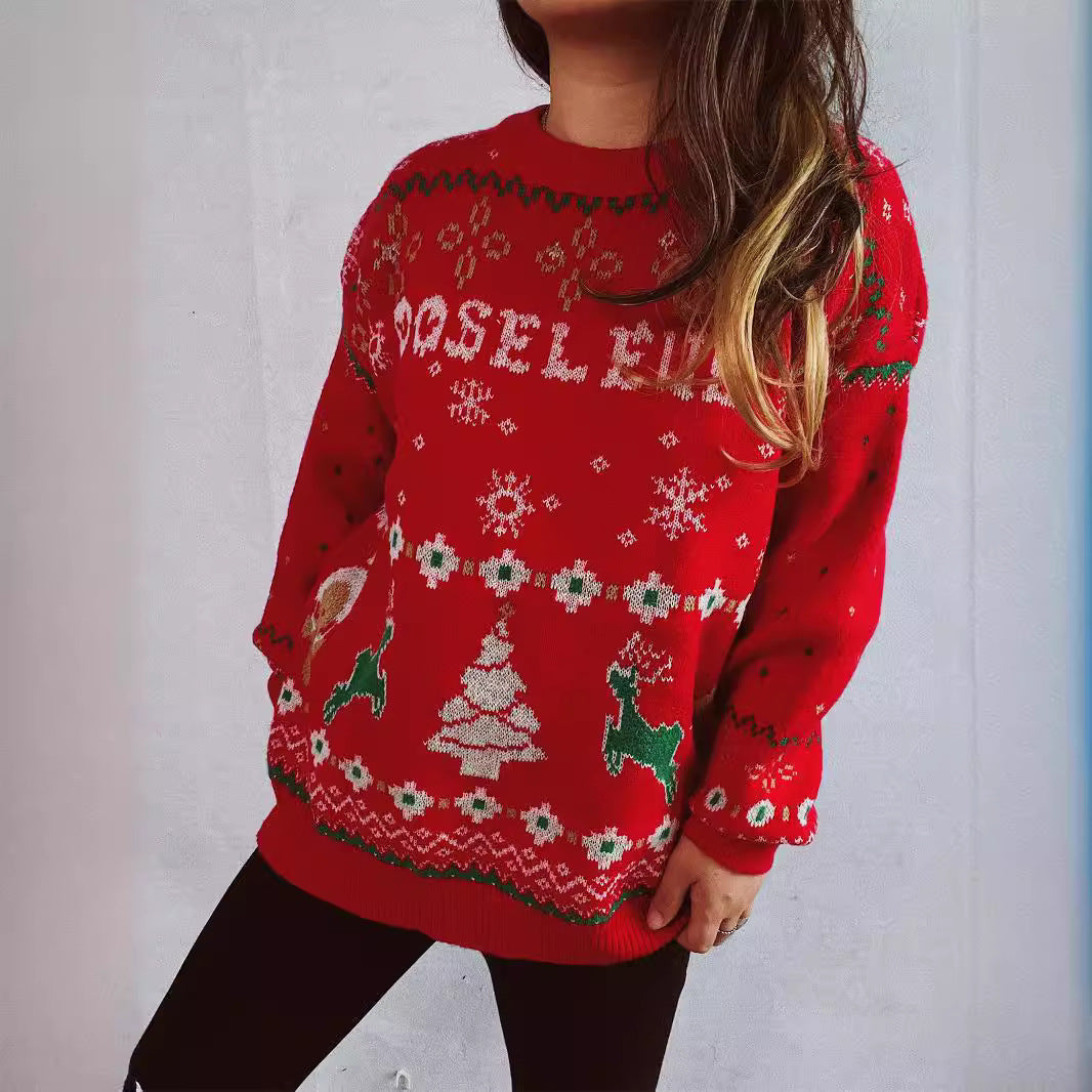 Women Autumn Winter Snowflake Elk Jacquard Sweater Cute Loose Christmas Sweater for Women