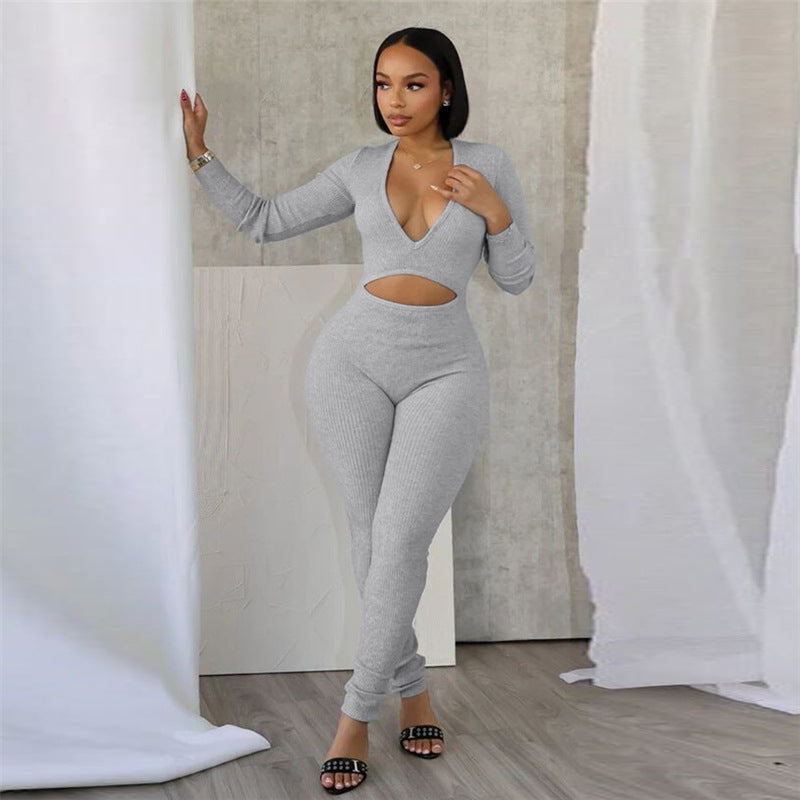 Autumn Winter Sexy Deep V Plunge neck Cropped Tight Long Sleeve Solid Color Sports Jumpsuit Women