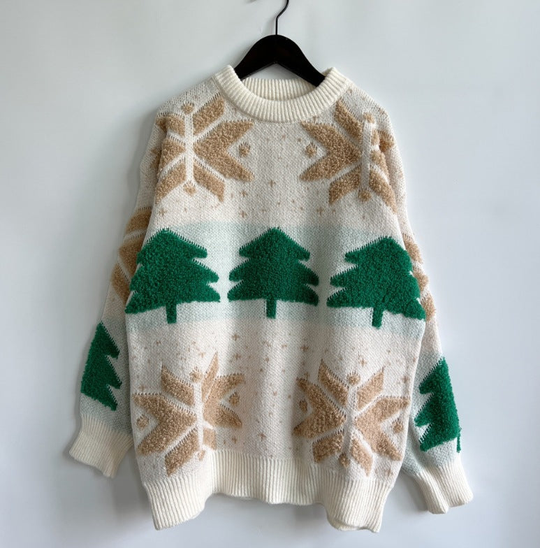 Autumn Winter Christmas Tree Jacquard Round Neck Long Sleeved Thickened Knitted Pullover Christmas Sweater