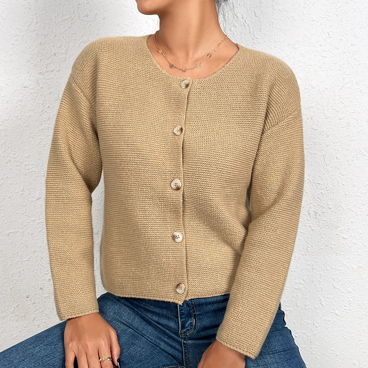 Cardigan de couleur unie pour femme, manteau amincissant à simple boutonnage et col rond, printemps-automne