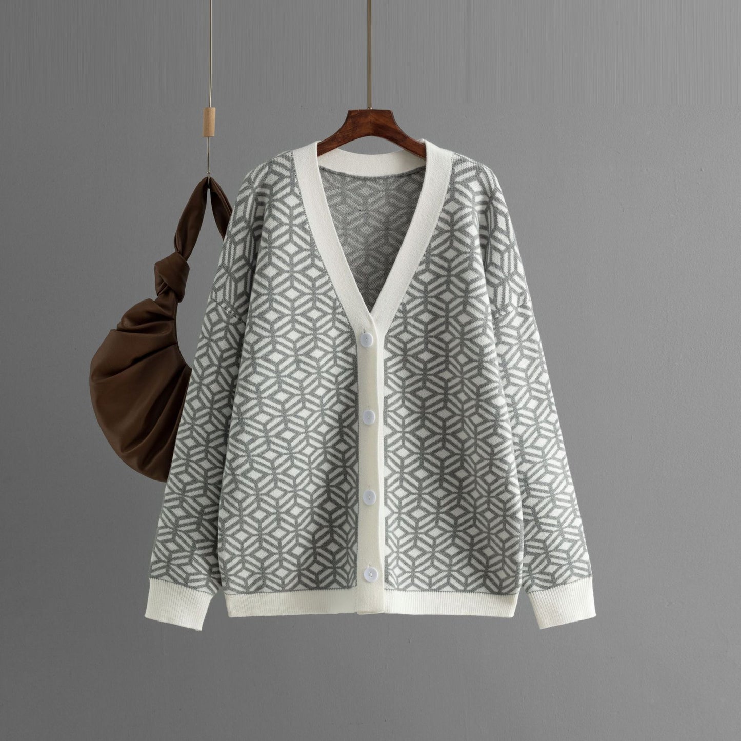 Autumn Knitted Cardigan V neck Houndstooth Contrast Color Loose Long Sleeve Mid Length Sweater Coat for Women