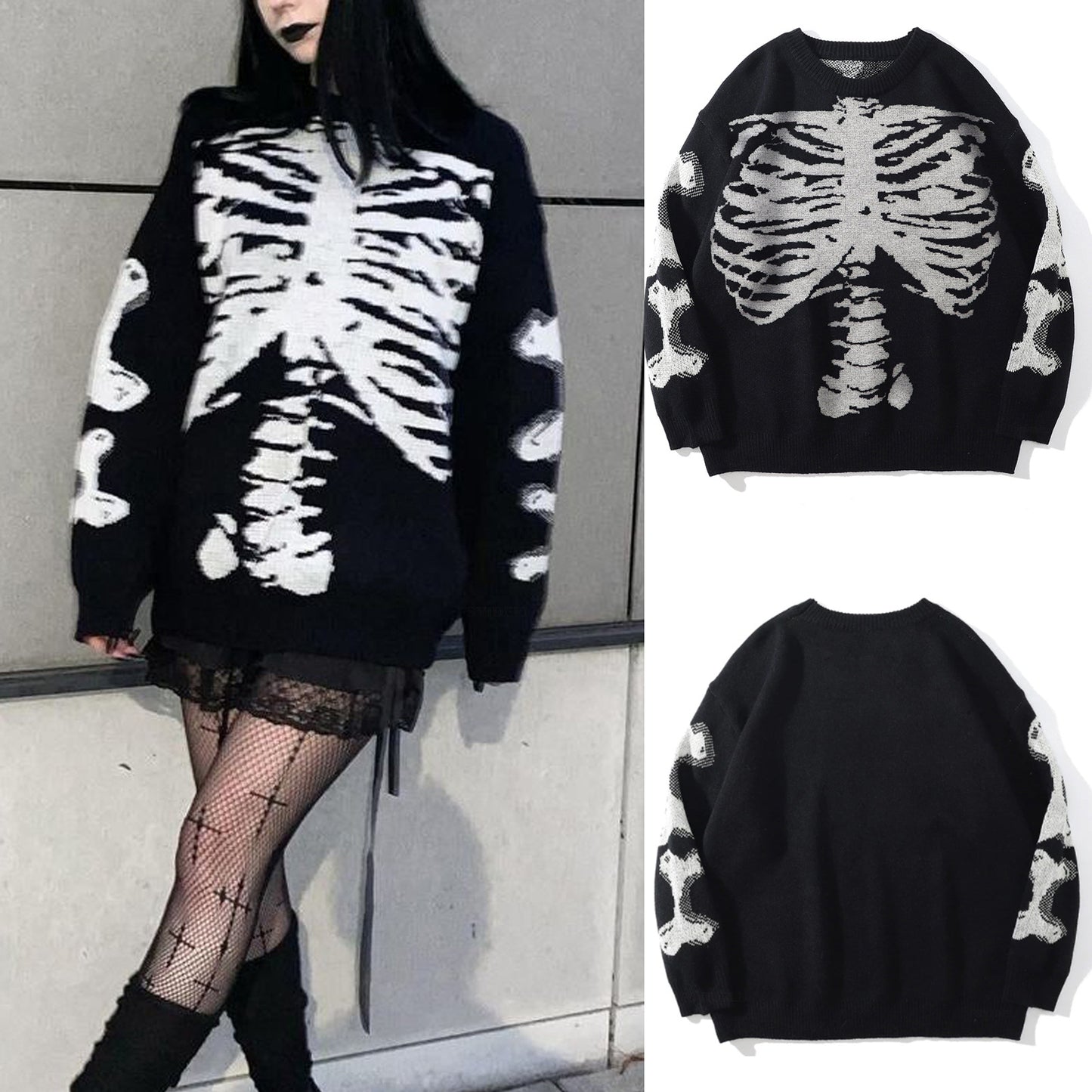 Women Clothing Long Sleeve Woolen Spring Autumn Halloween Skull Print Casual Pullover Sweater