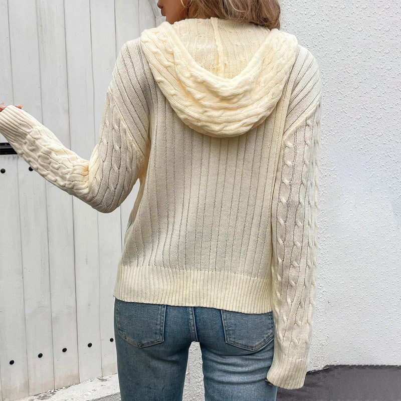 Automne femmes vêtements à capuche torsadé couleur unie pull Cardigan