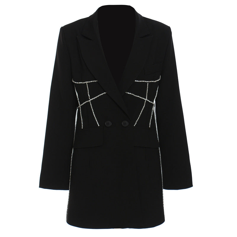 Automne hiver personnalisé Niche industrie lourde taille strass mi-long Blazer femmes