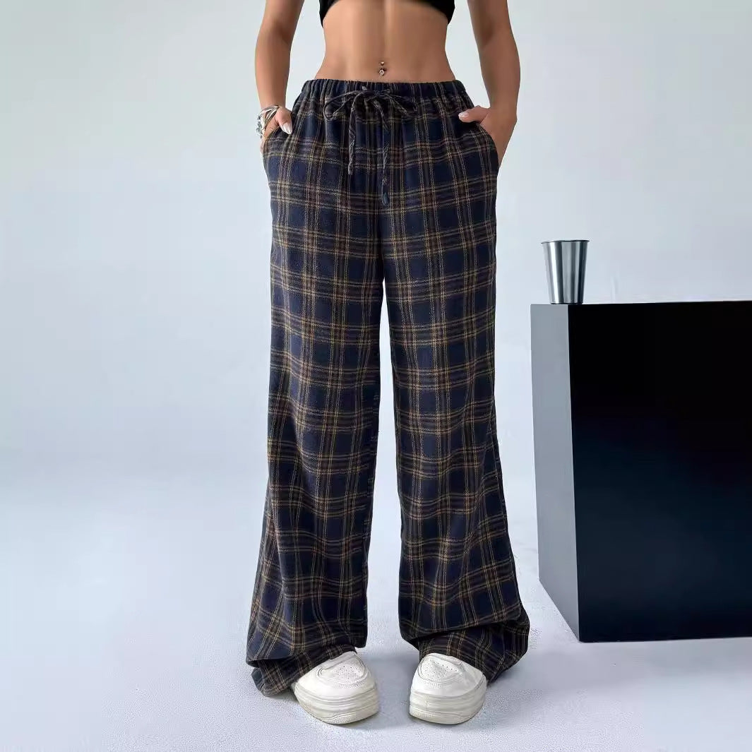 Spring Autumn Winter Casual Plaid Straight Leg Pants Trousers Women Daily Wear for Christmas